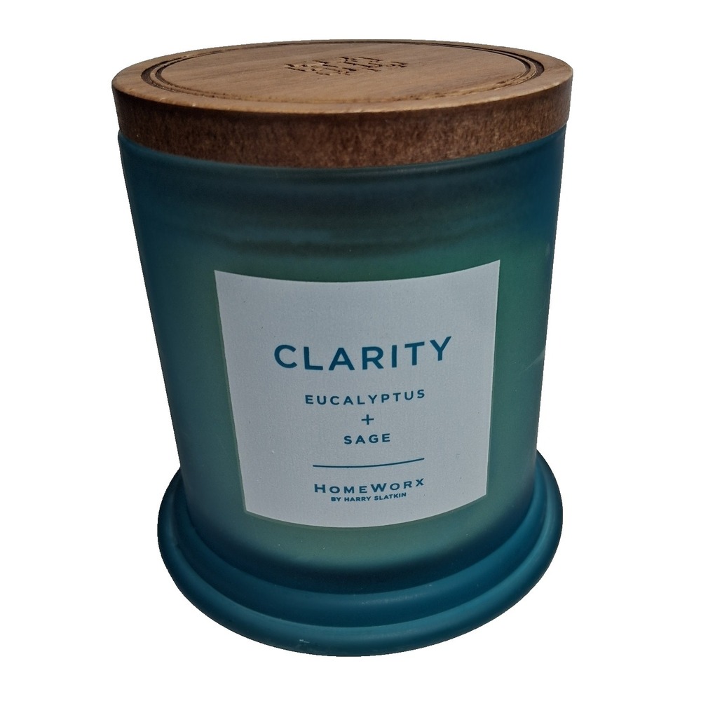 HomeWorx Harry Slatkin CLARITY Eucalyptus Sage Candle 8oz Blue Frosted Glass